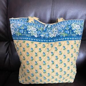 EUC Vintage Vera Bradley Large Tote. Yellow with Blue flowers. 12 x 12 x 5.